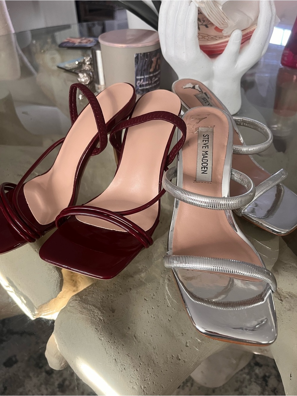 Steve Madden Women's Silver Strappy Square-Toe Heels 5&5.5